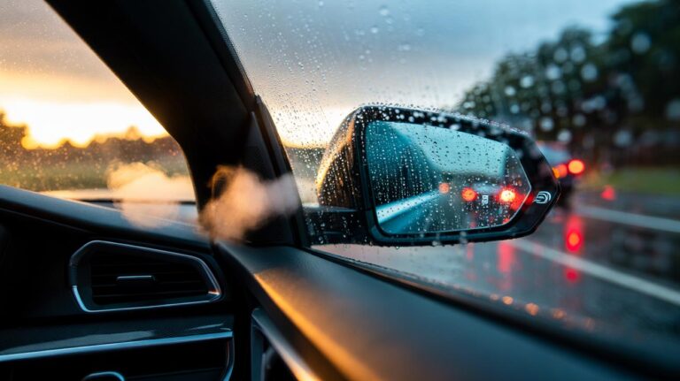Illustration of warm air from car vents clearing condensation on a car side mirror