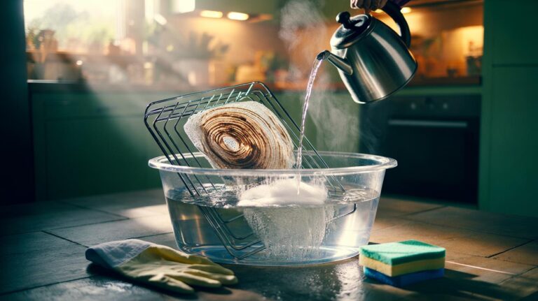 Illustration of oven racks soaking in heated water in a basin to dissolve sticky grime