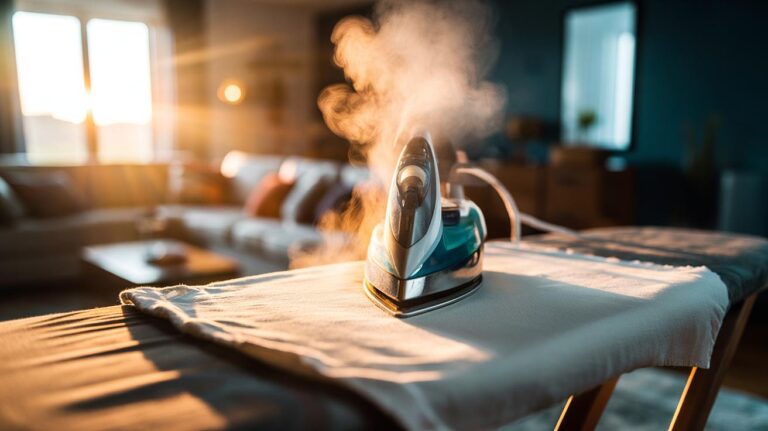 Illustration of a warm steam iron pressing a cushion through a cotton cloth to expand compressed filling and restore loft