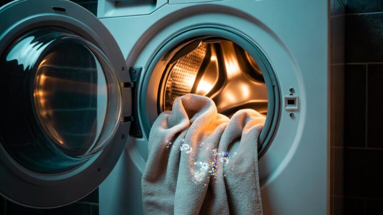 Illustration of the warm-rinse technique at 30–40°C in a washing machine, lifting detergent, softener, and oil residues from bathroom towels