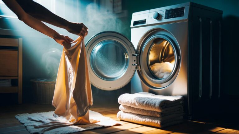 Illustration of a washing machine using a warm rinse to soften stiff clothes, showing gentle heat relaxing hardened fibres