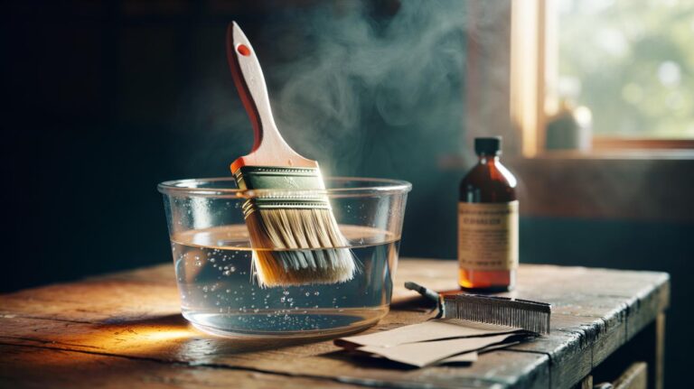 Illustration of an old paintbrush soaking bristles-down in a warm water bath to loosen dried paint