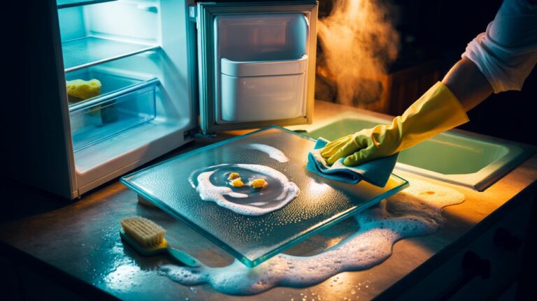 Illustration of warm soapy lather gently cleaning fridge shelves and lifting everyday food residue