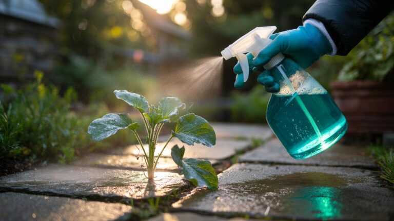 Illustration of washing-up liquid spray applied to garden weeds, showing fatty acids and surfactants breaking down the leaf cuticle and cell membranes to desiccate foliage