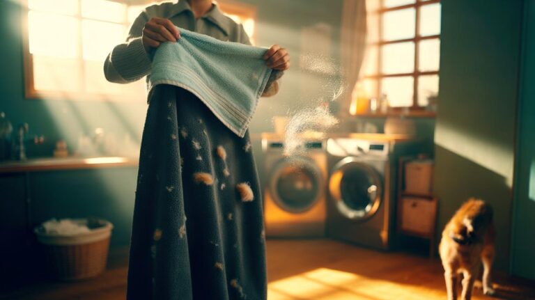 Illustration of a clean, dry cotton terry towel being flicked over pet hair-covered clothes before washing to keep laundry cleaner
