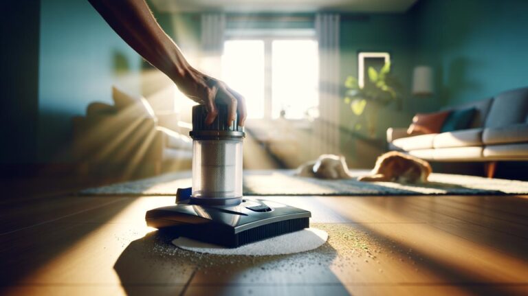 Illustration of monthly vacuum filter replacement to improve indoor air quality and keep homes healthier