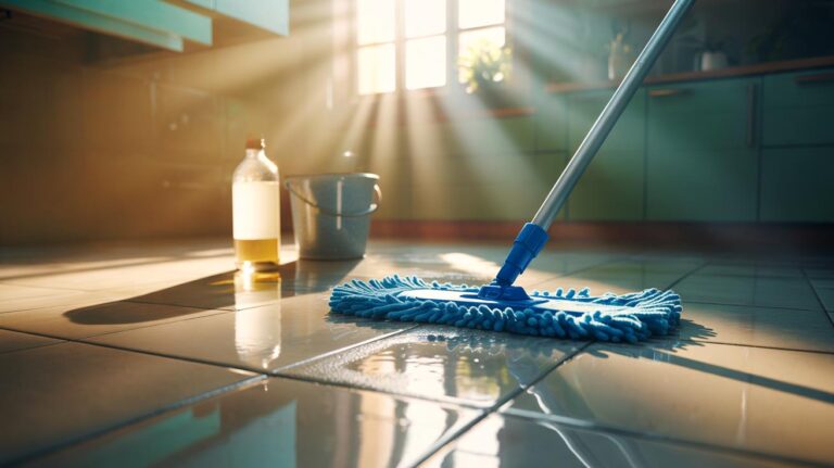 Illustration of a microfibre mop using a diluted white vinegar solution to clean a tiled floor, showing quick shine from acidity without harsh chemicals