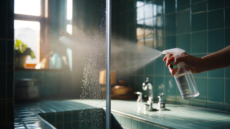 Illustration of a hand spraying white vinegar onto a glass shower door to stop limescale and soap scum buildup