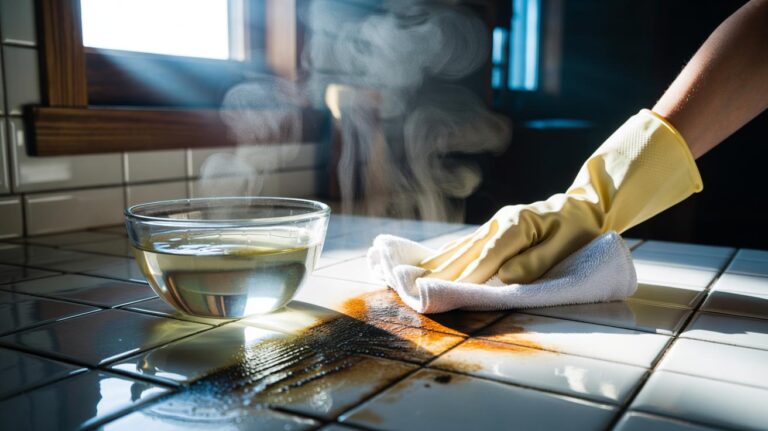 Illustration of vinegar steam loosening a stubborn stain on bathroom tile grout, with steam rising from a bowl of hot white vinegar under a towel tent