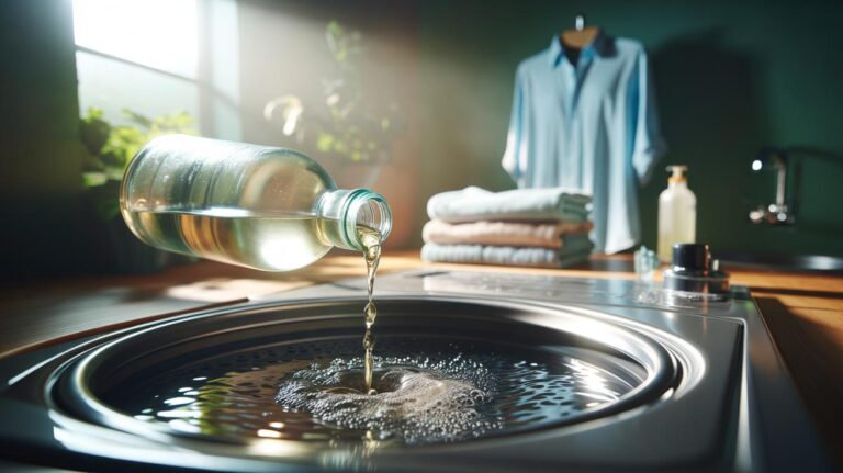Illustration of white vinegar being added to a washing machine rinse to soften fabrics, brighten whites, and reduce residues without chemicals