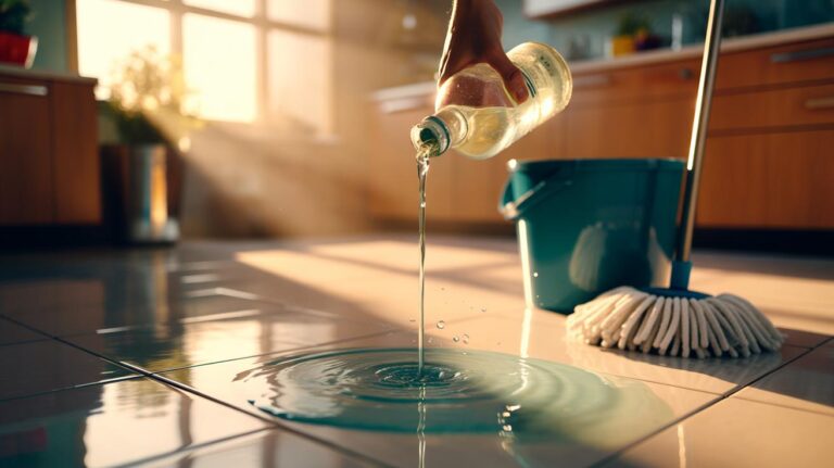 Illustration of white vinegar being poured into a mop bucket beside a microfibre mop on a gleaming hard floor