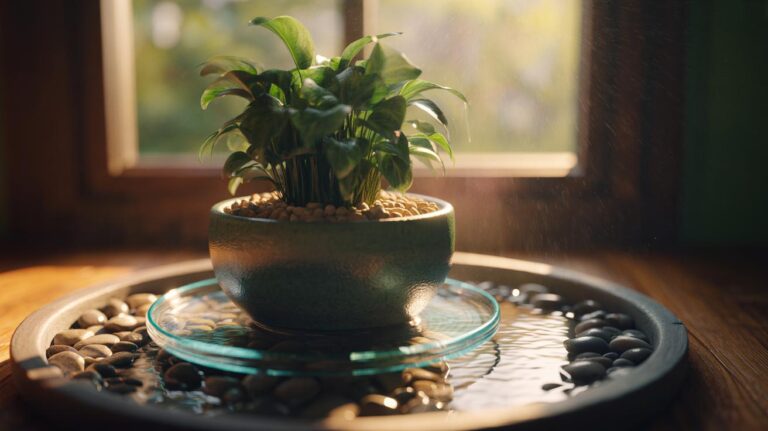 Illustration of a houseplant pot elevated on a pebble tray to prevent root rot