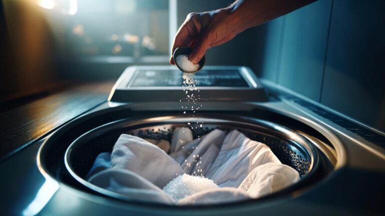 Illustration of a spoonful of table salt being added to a washing machine drum with white laundry