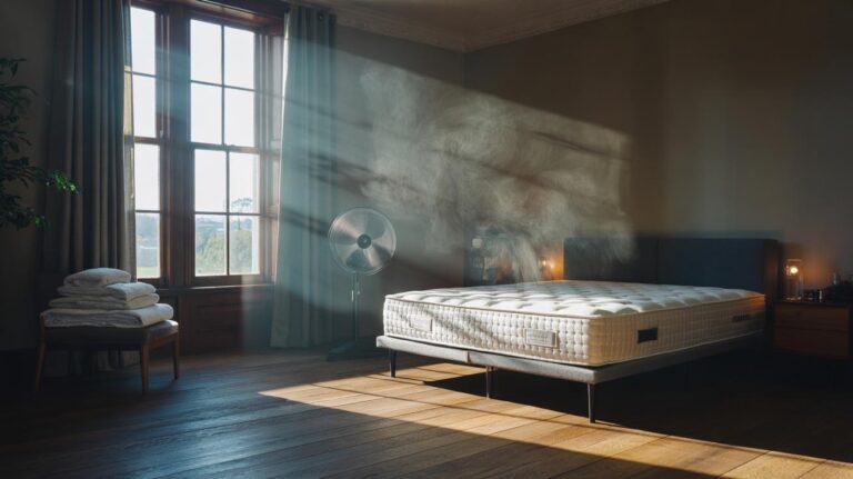 Illustration of a stripped mattress standing on its side near an open window to air out and improve sleep quality