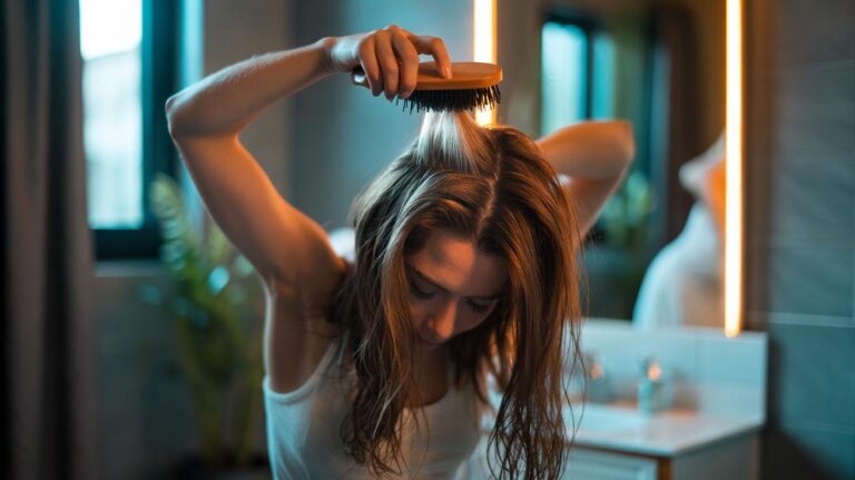 Illustration of a person brushing their hair upside down to improve scalp circulation and root volume