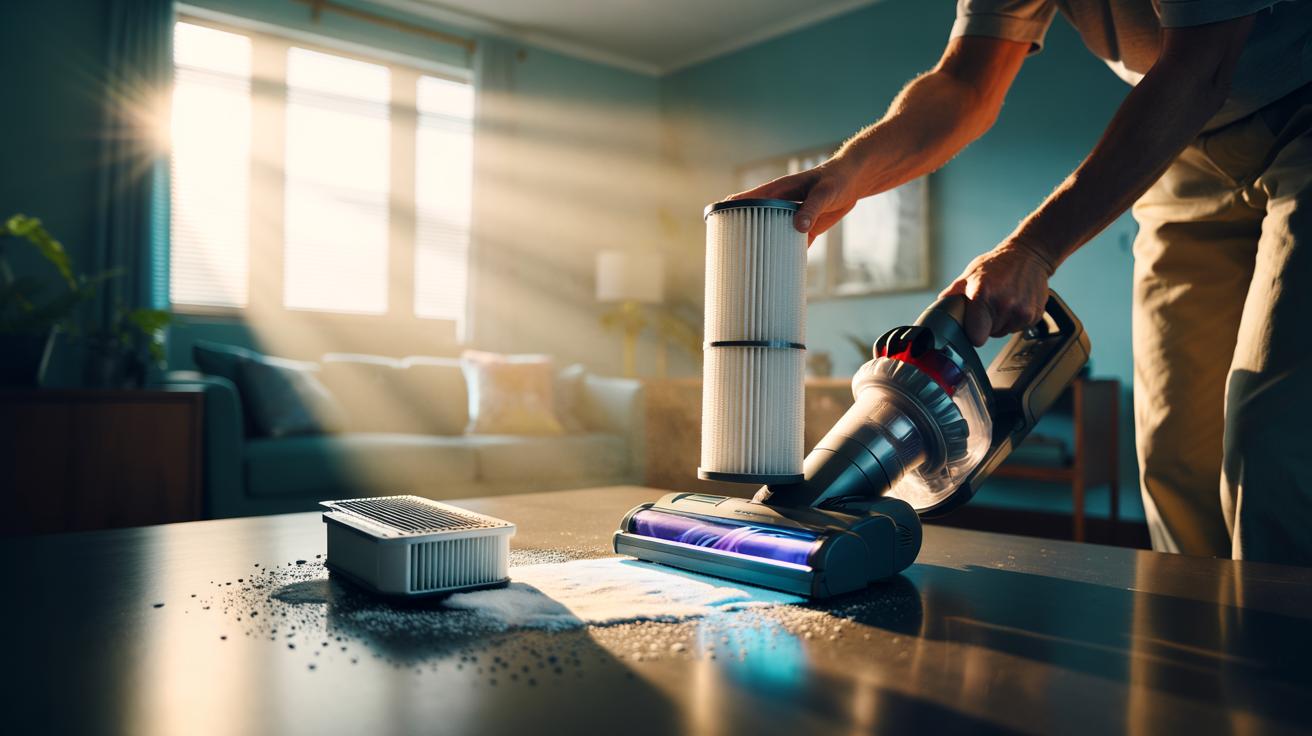 Illustration of a homeowner changing a vacuum cleaner HEPA filter to improve indoor air freshness