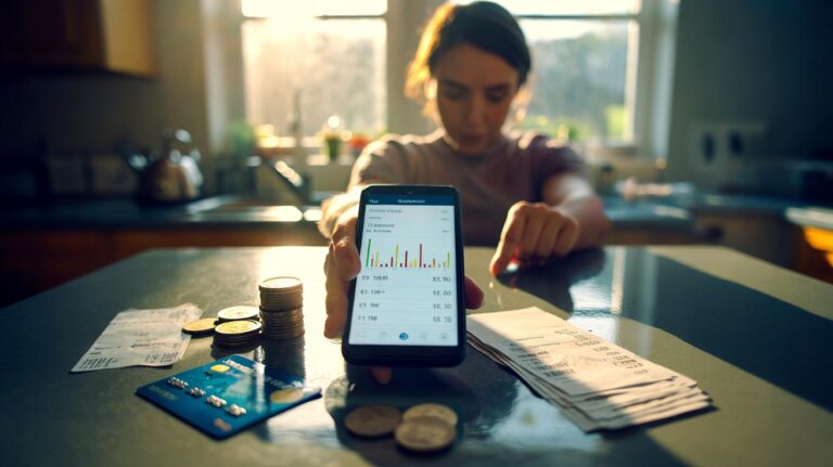 Illustration of a person checking a mobile banking app daily to improve spending habits