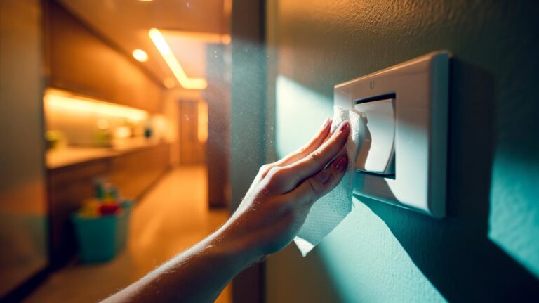 Illustration of a hand cleaning a light switch with a disinfectant wipe