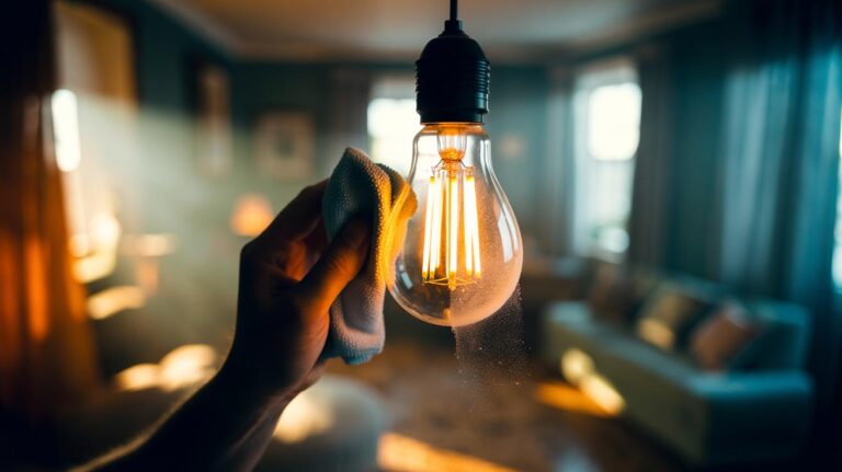 Illustration of a hand cleaning a dusty lightbulb with a microfibre cloth to make a room appear brighter