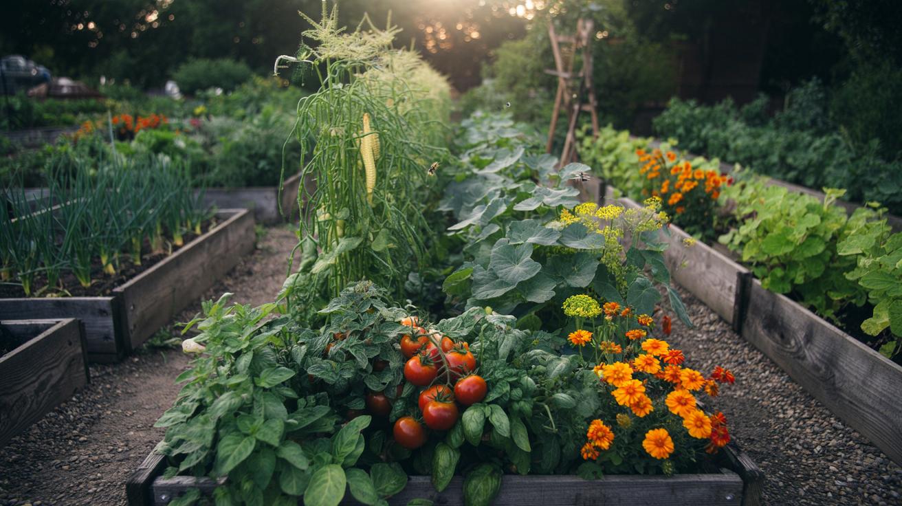 Illustration of companion planting in a vegetable garden to double the harvest