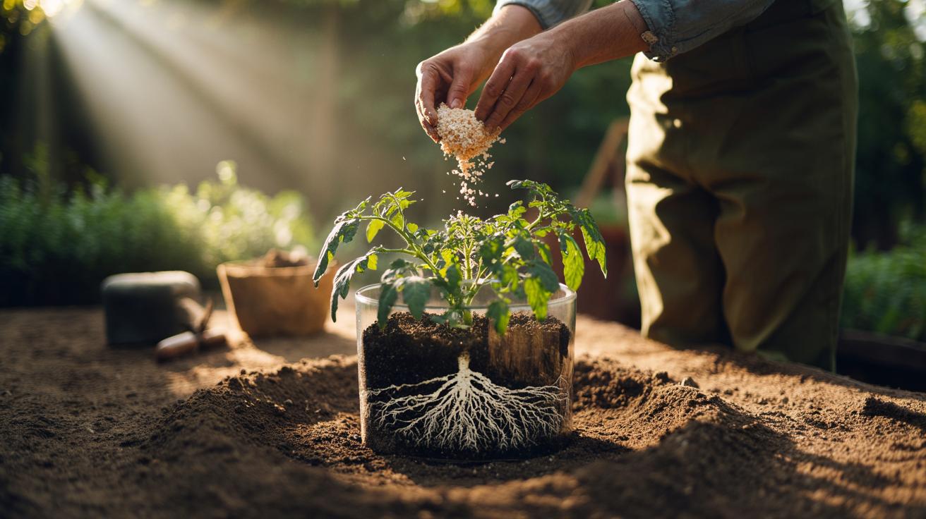 Illustration of crushed eggshells being added to compost and applied around plants to strengthen roots