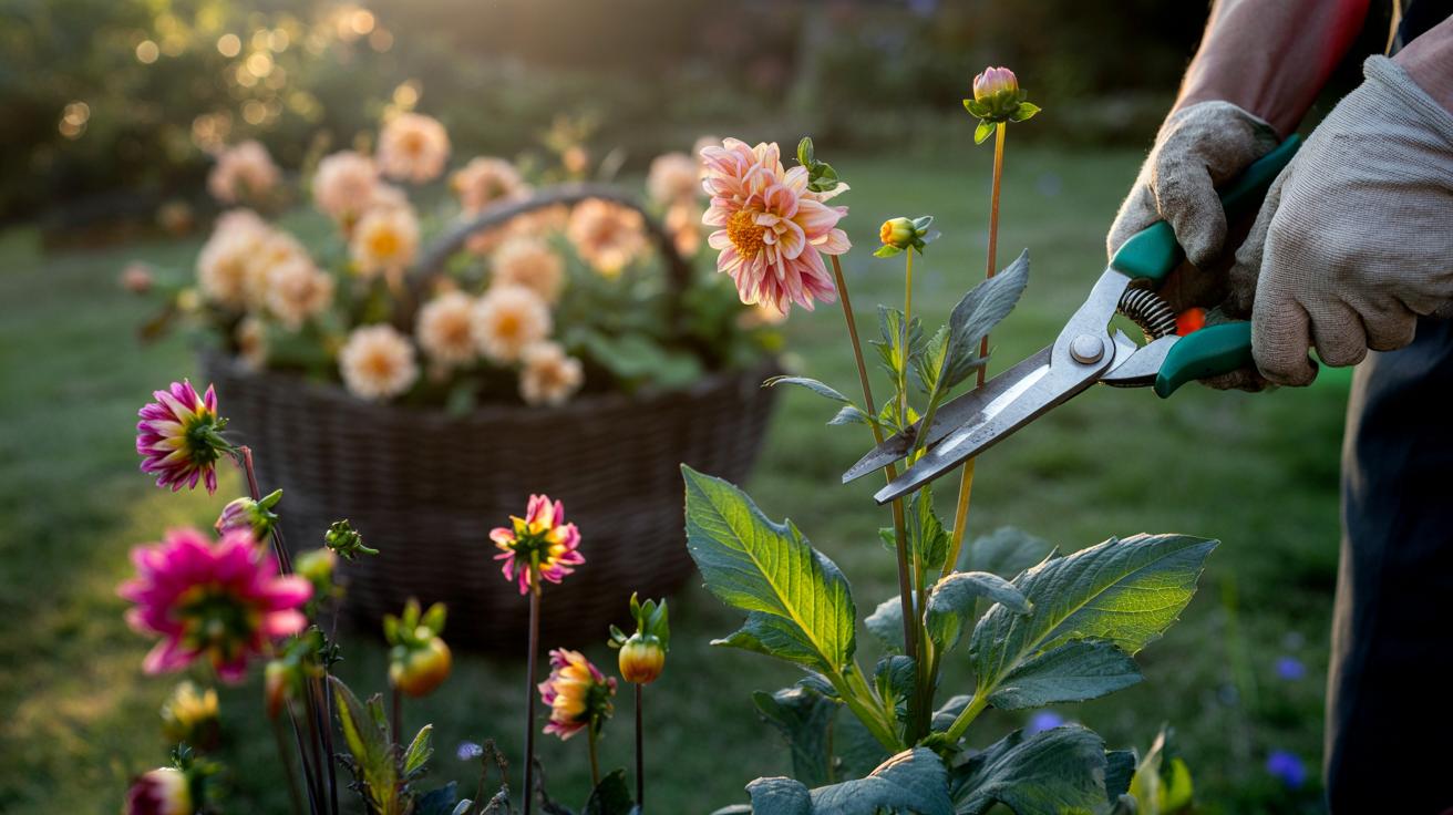 Illustration of a gardener deadheading spent flowers weekly to prolong blooming