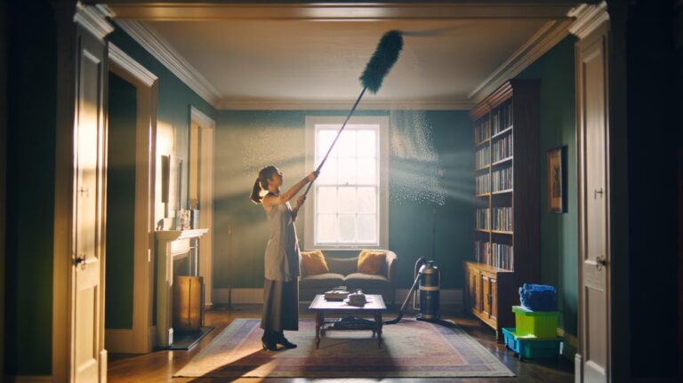 Illustration of a person dusting high surfaces before lower ones to save cleaning time