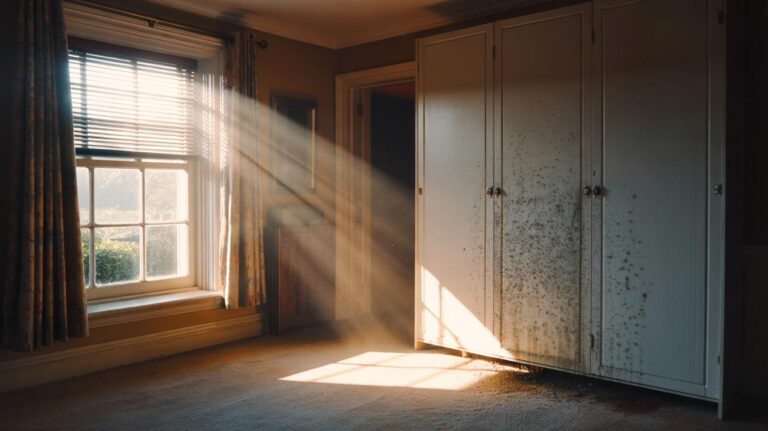Illustration of sunlight streaming through open curtains into a home, warming and drying window areas to prevent mould buildup.