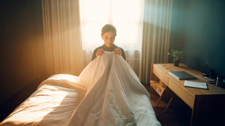 Illustration of a person making the bed in the morning to improve focus