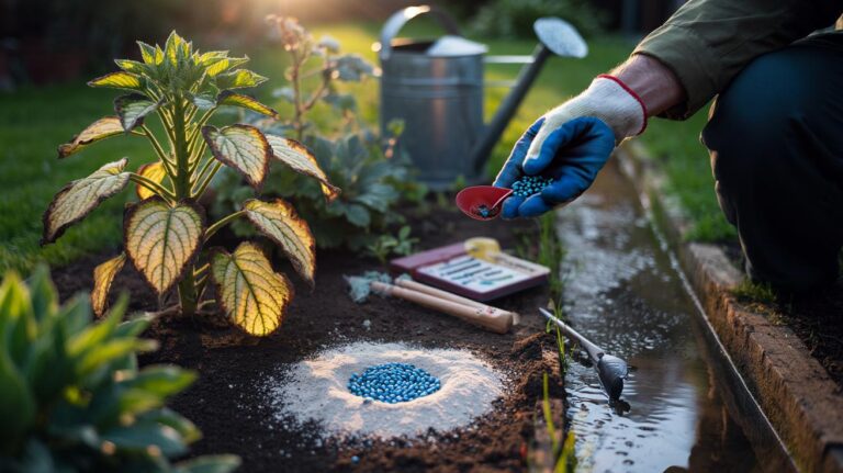 Illustration of overfertilising a garden, showing salt-crusted soil, scorched leaf tips, and interveinal chlorosis