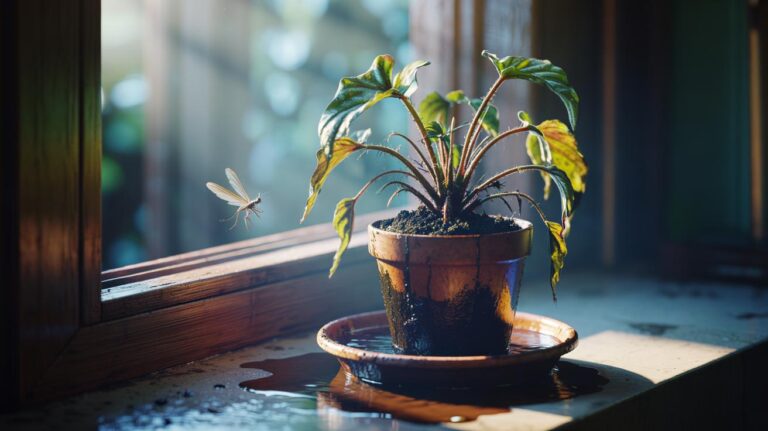 Illustration of an overwatered houseplant with waterlogged soil, yellowing drooping leaves, and standing water in the saucer