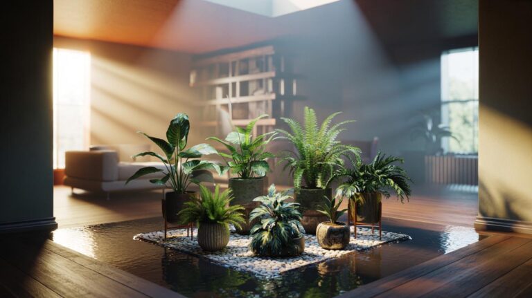 Illustration of houseplants grouped in a room corner increasing indoor humidity
