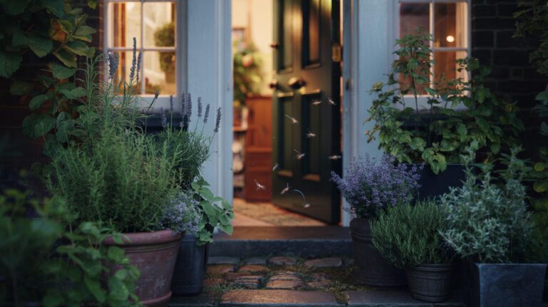 Illustration of aromatic herbs planted by a home doorstep, including lavender, mint, rosemary, and thyme, forming a natural insect-repelling barrier