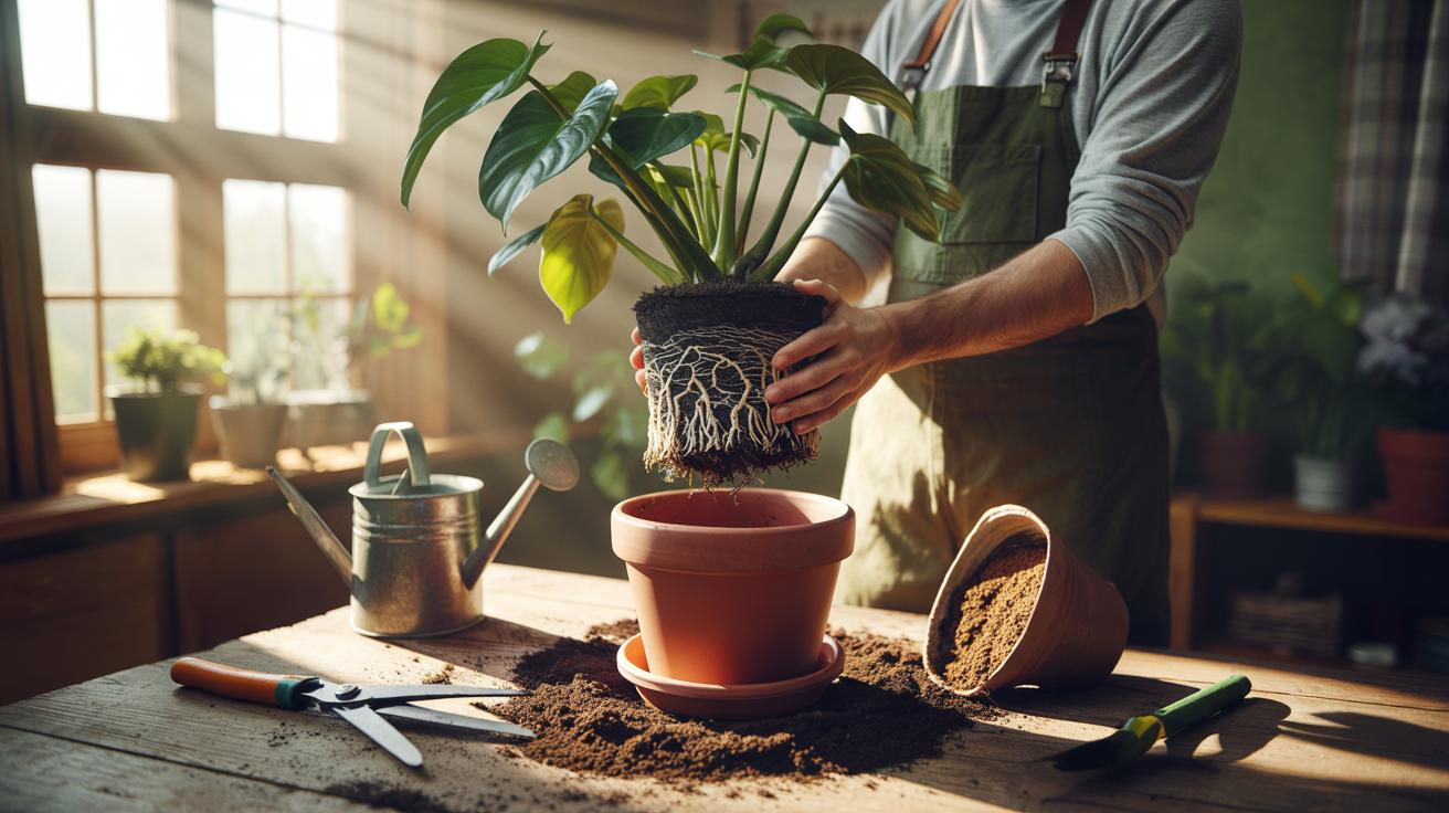 Illustration of repotting a houseplant into fresh, well-draining compost with a slightly larger pot and trimmed roots