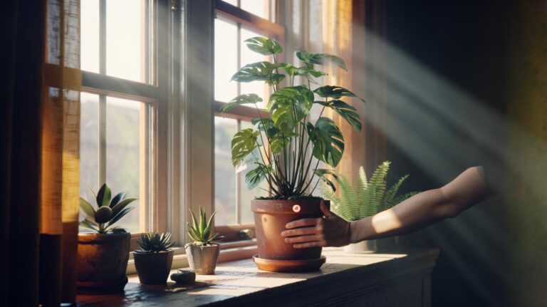 Illustration of rotating a potted houseplant on a bright windowsill to promote even, lush growth
