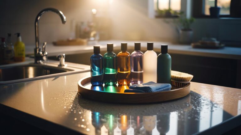 Illustration of a home cleaning caddy with multiple labeled products (neutral cleaner, alkaline degreaser, acidic limescale remover, oxygen bleach, enzyme cleaner, QAC disinfectant) arranged for rotation across kitchen and bathroom surfaces