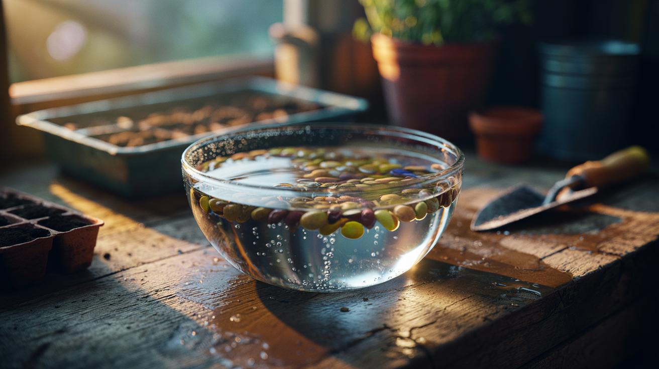 Illustration of seeds soaking in a shallow bowl of water overnight to speed germination