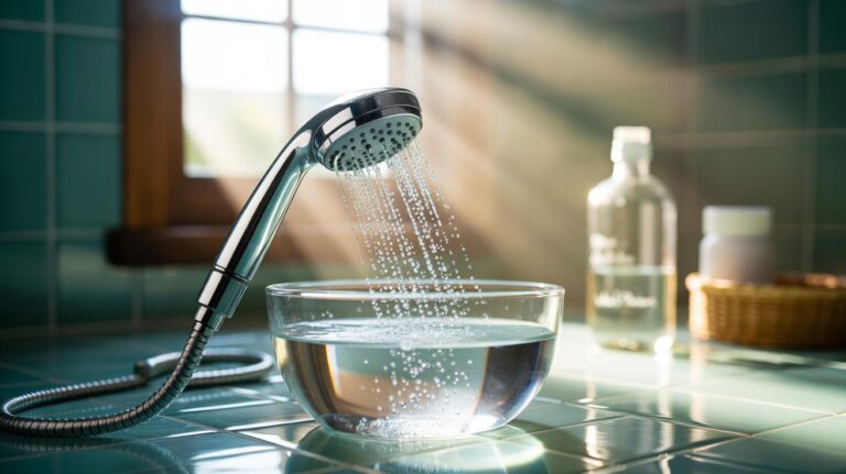 Illustration of a showerhead being soaked in white vinegar to dissolve limescale and restore water pressure