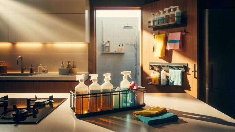 Illustration of a visible, zone‑based cleaning caddy with labeled, decanted bottles and colour‑coded cloths stored on an open kitchen shelf for quick access