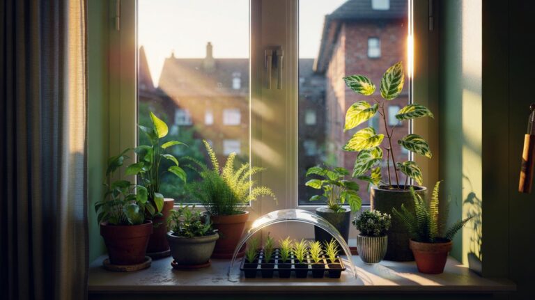 Illustration of morning sunlight before 10 a.m. illuminating indoor houseplants on an east-facing windowsill