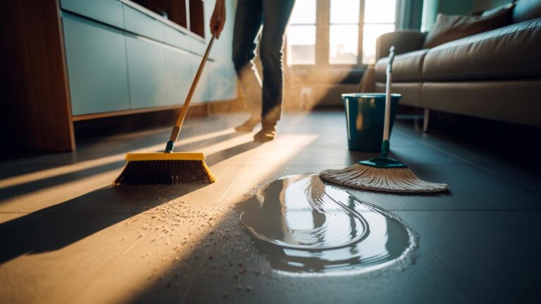 Illustration of a cleaner sweeping up debris before mopping a hard floor to cut cleaning time in half