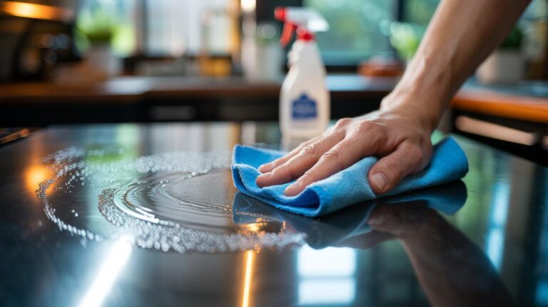 Illustration of a microfiber cloth wiping a kitchen worktop for faster, easier, streak-free cleaning