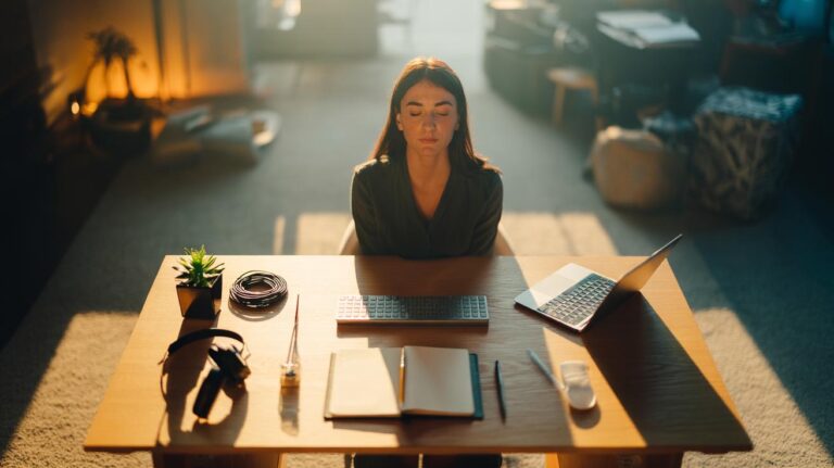 Illustration of a tidy, organised desk that reduces anxiety and improves focus according to behavioural science