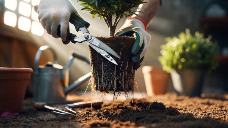 Illustration of a gardener trimming plant roots to promote stronger growth