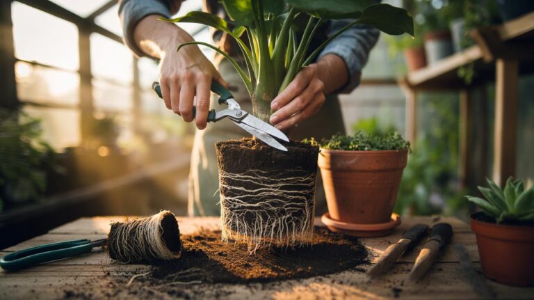Illustration of trimming the roots of a rootbound houseplant before repotting into fresh compost