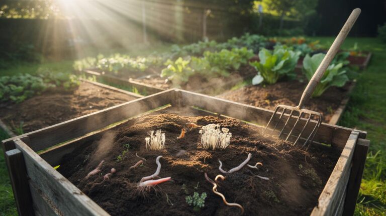 Illustration of a compost heap turned less frequently to preserve fungi, retain moisture, and build healthier soil
