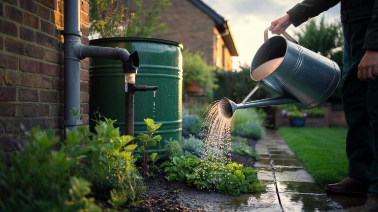 Illustration of a rain barrel connected to a downpipe collecting rainwater, with a watering can used to irrigate lush garden plants