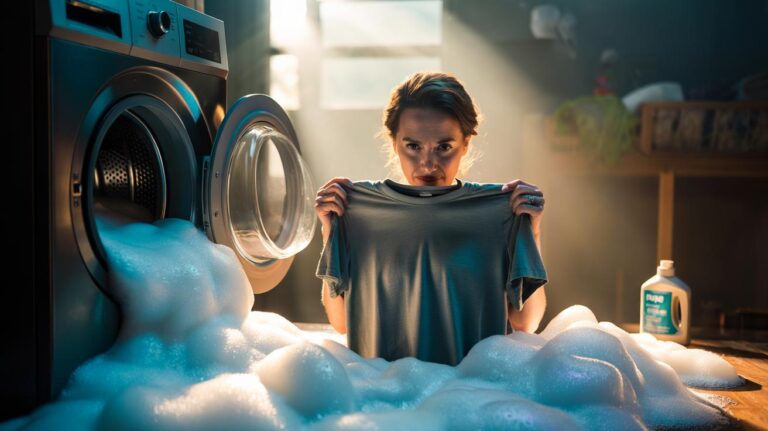 Illustration of excess laundry detergent causing residue, poor rinsing, and musty-smelling clothes