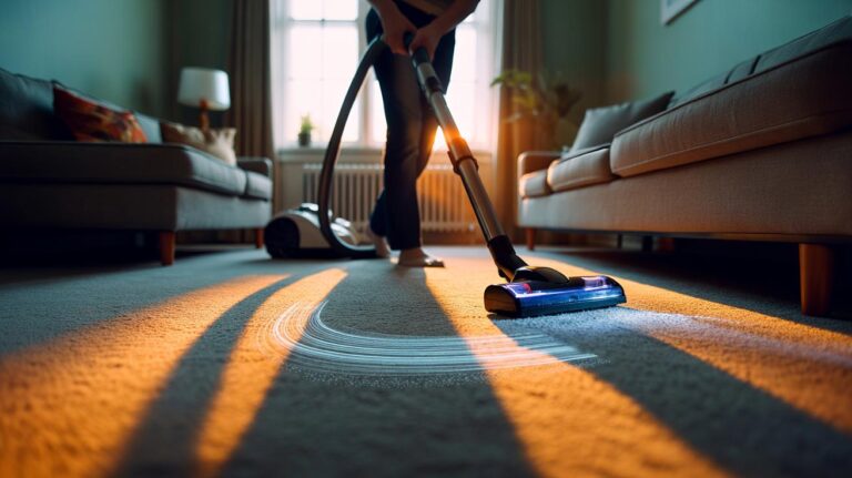 Illustration of a person vacuuming a carpeted room in an S-pattern, avoiding straight lines to save time and improve cleaning efficiency