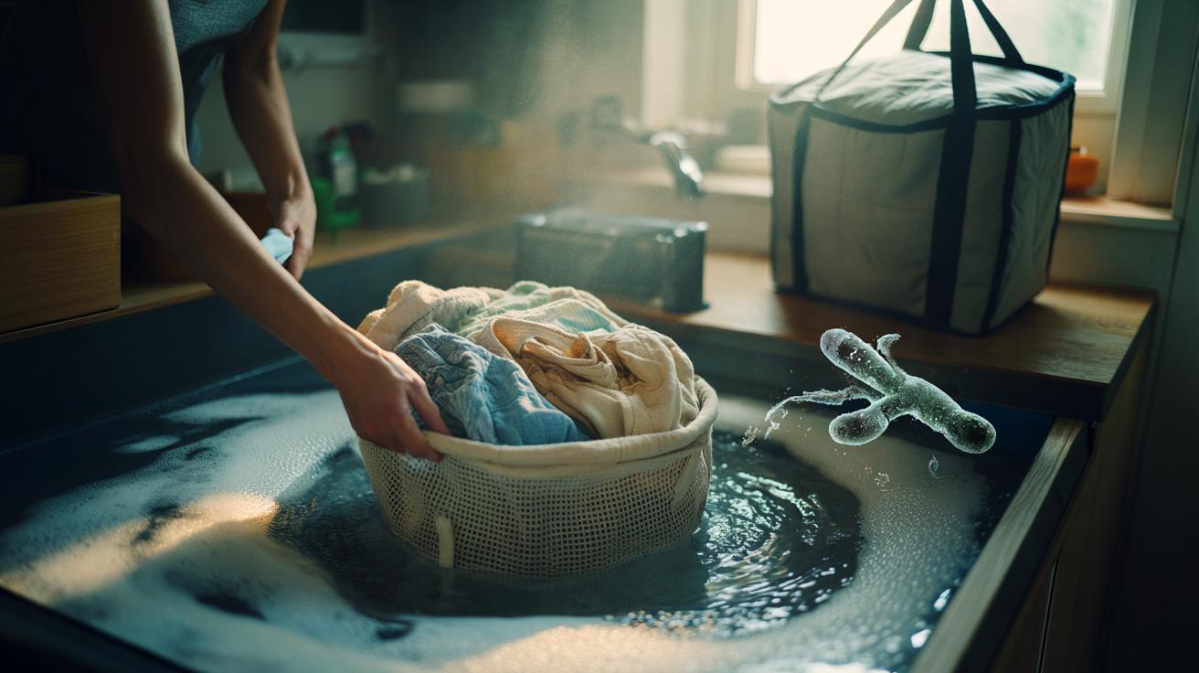 Illustration of reusable shopping bags being washed monthly to reduce hidden bacteria
